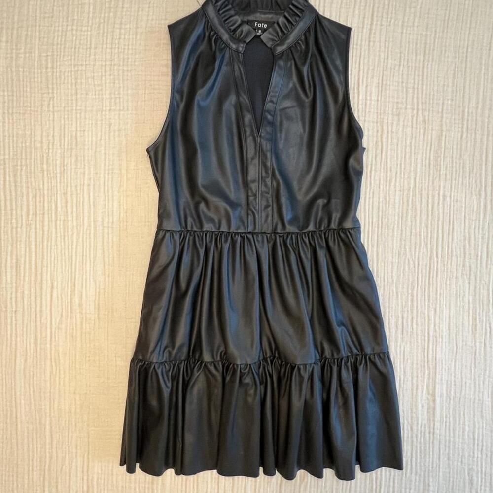 FATE black faux leather sleeveless dress with ruffle collar and tiered skirt